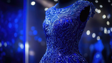 The intricate design of a blue evening gown is showcased at a high-end fashion exhibitの素材