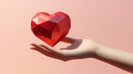 A bright red, paper-made heart with volumetric depth, set on a hand with a hard shadow against a soft pink backgroundの素材