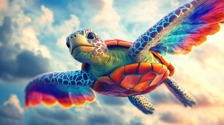 A colorful 3D turtle in mid-flight, its wings spread wide as it navigates through a dreamlike skyの素材