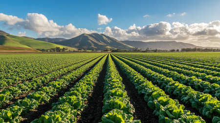 A wide view of the lush lettuce fields in Salinas Valley, California, bathed in sunlight. A perfect snapshot of American agriculture at its finestの素材