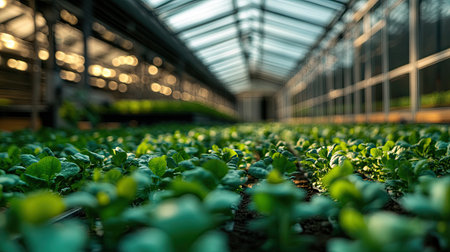 Interior shot of a modern greenhouse, filled with rows of vibrant green plants, showcasing sustainable farming and advanced food production techniquesの素材