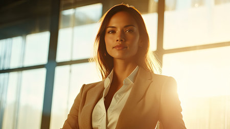 A businesswoman stands confidently in a sunlit studio, with soft natural light enhancing her focused demeanorの素材