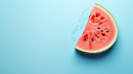A watermelon slice melting against a cool blue background, with plenty of space for text. This creative composition is perfect for summer-themed visuals and designsの素材