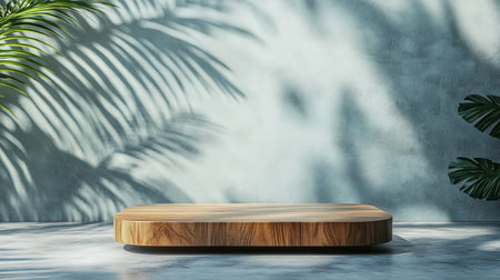 Elegant teak wooden podium table with a natural grain pattern, set against a tropical backdrop with leaf shadows on a concrete floor.の素材