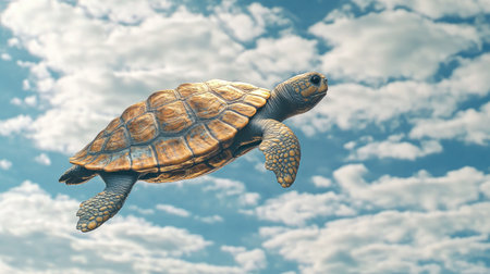 A whimsical 3D-rendered turtle gracefully flying through the sky, blending elements of fantasy and nature. A creative and playful visual concept.の素材