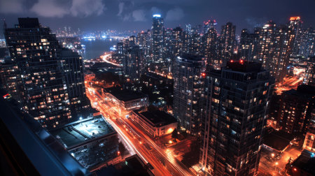 A city lit up at night, photographed from a tall building, with bright urban lights creating a dynamic atmosphereの素材