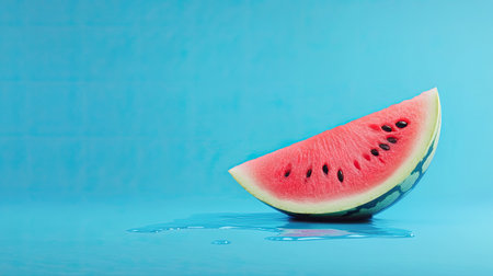 Melting watermelon slice on a blue background with ample space for text. A quirky and refreshing visual that captures the essence of summer in a playfulの素材