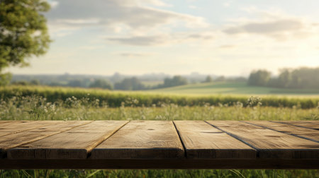 A wooden table top in focus, with a soft, blurred farm field landscape in the background. Perfect for highlighting products in a peacefulの素材