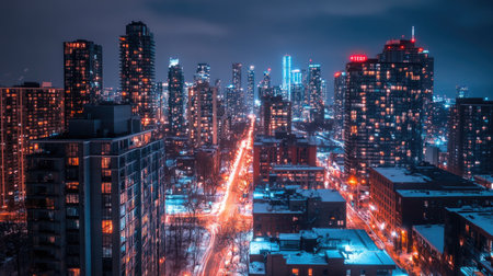 A city lit up at night, photographed from a tall building, with bright urban lights creating a dynamic atmosphereの素材