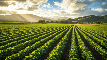 A vibrant lettuce field in Salinas Valley, stretching across the landscape under a bright skyの素材