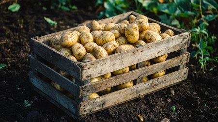A wooden crate full of harvested potatoes, representing the bounty of the earth and the rewards of hard work in farmingの素材