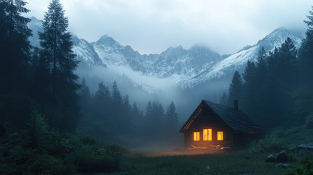 A glowing wooden house in the forest, with foggy mountains adding depth to the background.の素材