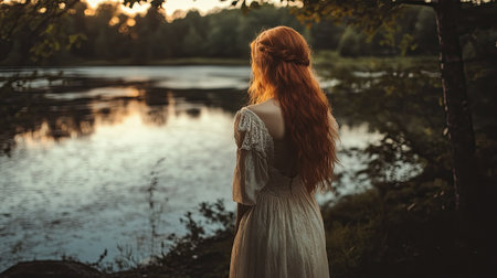 A redheaded woman stands by the lake at sunset, her dress and hair glowing in the soft, fading lightの素材