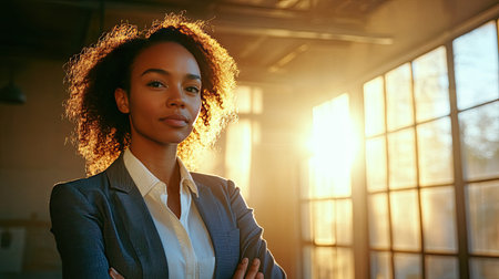 A businesswoman stands confidently in a sunlit studio, with soft natural light enhancing her focused demeanorの素材