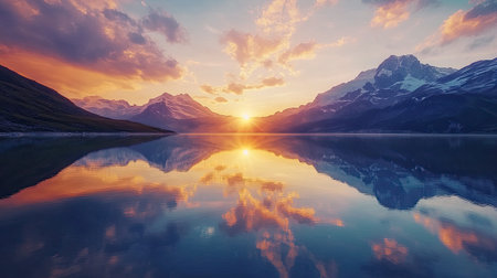 A breathtaking sunset over mountains, with a calm lake perfectly reflecting the peaks and sky.の素材
