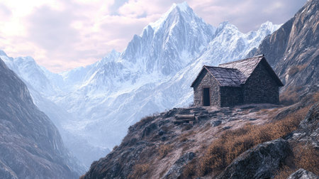 A simple hut nestled in the mountains, surrounded by towering peaks and rugged terrainの素材