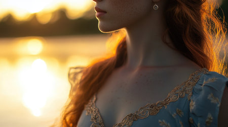 Close-up of a redheaded woman in a dress, standing by a serene lake at sunset, bathed in the golden light of duskの素材
