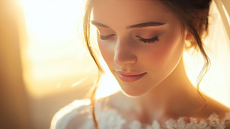 Brunette bride with her face bathed in sunlight, the warm light enhancing her delicate featuresの素材