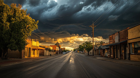 A quiet town street with dark storm clouds looming overhead, casting shadows across the buildings.の素材