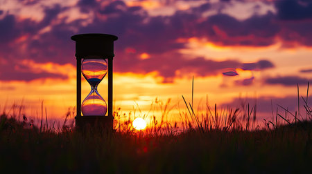 A silhouette of an hourglass against a vibrant sunset sky, time slipping away as day turns to nightの素材