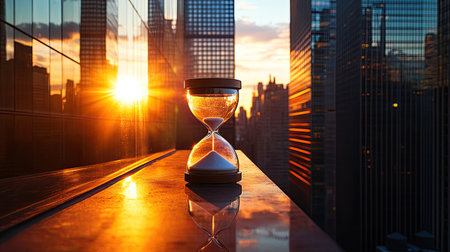 Hourglass on a rooftop, the sun setting behind skyscrapers, symbolizing the intersection of time and city lifeの素材