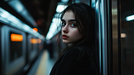 Portrait of a woman in the subway, her gaze distant as she stands by the sliding doorsの素材