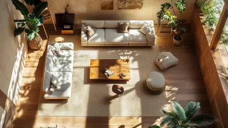 Top view of a well-decorated living room in a modern home, showcasing a blend of comfort and styleの素材