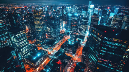 View from a high-rise building at night, showcasing the illuminated cityscape below with glowing streets and buildingsの素材