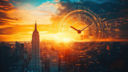 Time management concept with a clock merging with a sunset-lit cityscape, blending the ticking seconds with city lifeの素材