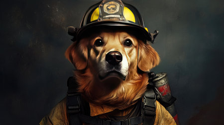 A playful portrait of a dog wearing a firefighter's uniform and helmet,の素材
