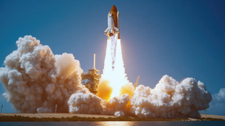 The dramatic launch of a space shuttle against a clear blue sky, smoke billowing from the boosters as it ascends into spaceの素材