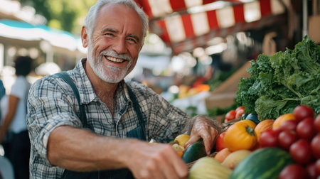Middle-aged street vendor enthusiastically runs a farm market stall, selling fresh, sustainable produce.の素材
