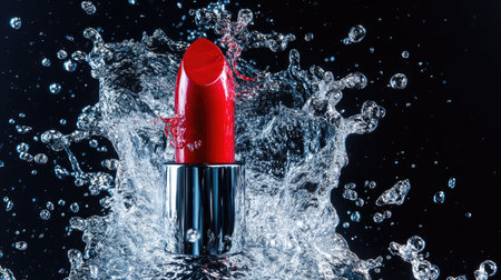 A bold red lipstick splashes into water, creating dynamic droplets that form an eye-catching backdrop,の素材