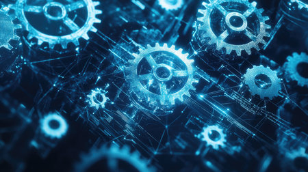 A conceptual image of futuristic gears integrated into a virtual business diagramの素材