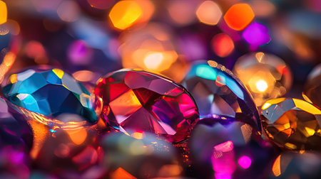 A detailed close-up of colorful gemstones, reflecting light beautifully on a polished surface under warm lighting,の素材