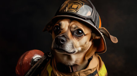 A cute dog dressed as a firefighter, wearing a tiny uniform and helmet,の素材