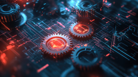 A visual blend of futuristic gears and business diagrams, representing the core of Industry 4.0,の素材