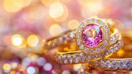 A close-up view of gold rings adorned with pink and clear gemstones, set against a lively, colorful backgroundの素材