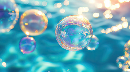 Bright, colorful bubbles drift in the air with a tranquil blue water backdrop, offering a close-up view of their delicate beautyの素材