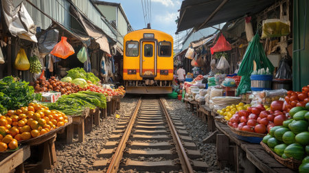 Vibrant Maeklong Railway Market, Thailand, where stalls filled with fresh produce are set up on the railroad tracks.の素材