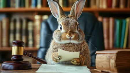A close-up of a rabbit dressed as a judge, sitting in an office with a gavel and legal documents, humorously portraying the rabbitの素材