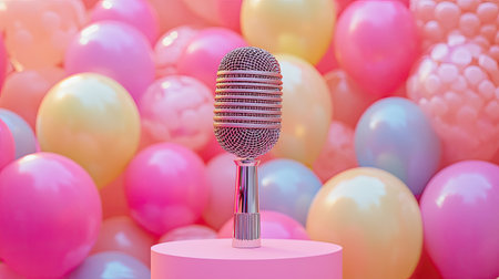 A glittering microphone takes center stage on a pink podium, enveloped by cheerful, colorful balloons,の素材