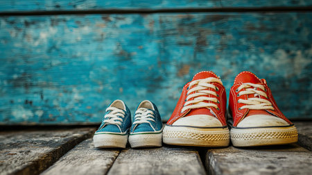 A charming scene featuring big and small sneakers on a rustic wooden surface, perfect for capturing themes of family,の素材