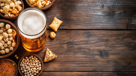 Top view of a festive beer festival setup featuring a glass of beer, junk food snacks, and space for text on a wooden tableの素材