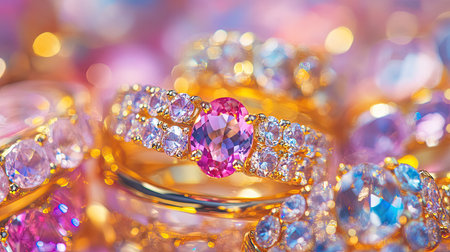 A close-up view of gold rings adorned with pink and clear gemstones, set against a lively, colorful backgroundの素材