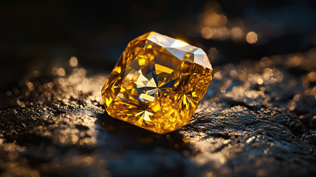 A dazzling yellow diamond catches the light, set against a dark backdrop, creating a dramatic and luxurious visual.の素材