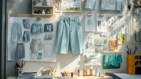 A detailed fashion sketch of light blue trousers and shorts, pinned to a studio wall, surrounded by fabric swatches and design tools,の素材