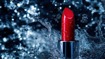 Red lipstick collides with water, sending vibrant droplets into the airの素材