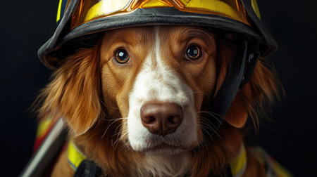 A close-up portrait of a dog in a firefighter uniform and helmet, showcasing the charming and humorous sideの素材