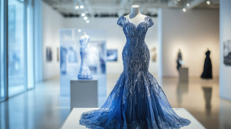 A detailed blue evening gown is on display at a fashion exhibit in a modern downtown gallery,の素材